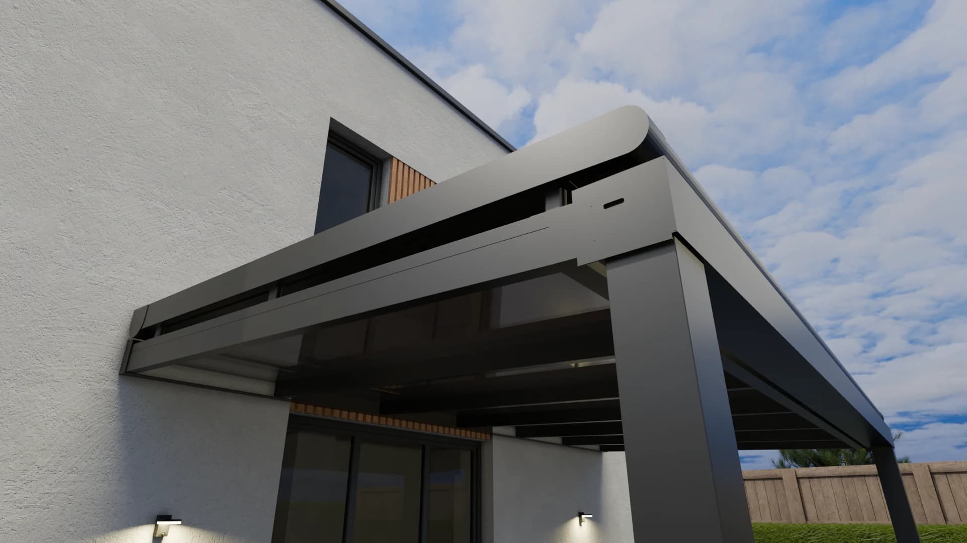 Render van een antraciet veranda met zonwering op het dak, van onderen gezien