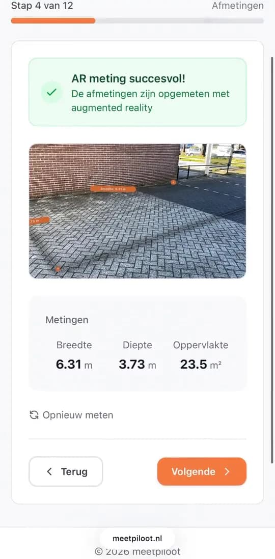 Der Konfigurator nach der AR-Messung: Messung erfolgreich, mit Foto und den Maßen 6,31 mal 3,73 Meter