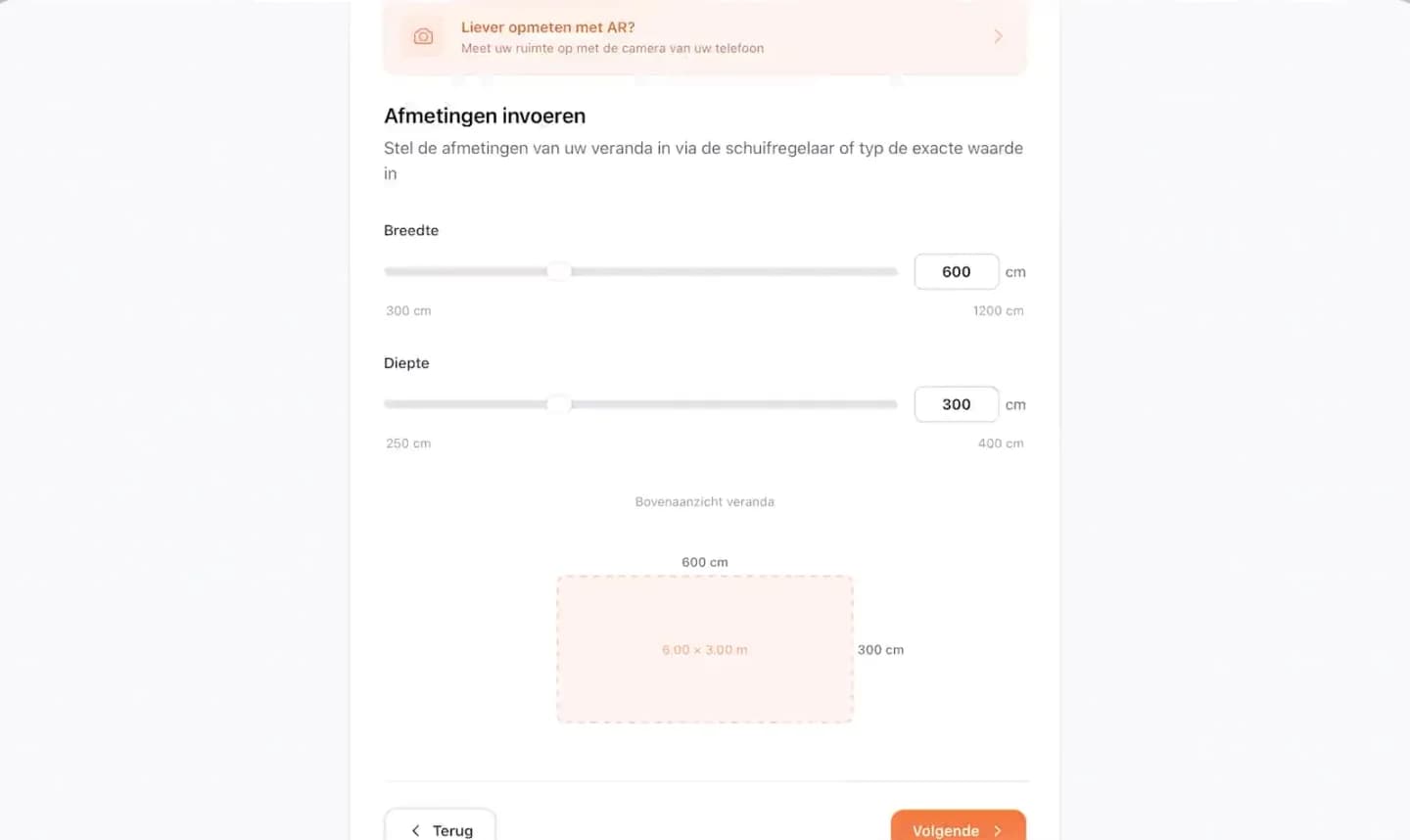 De stap "Afmetingen invoeren" met schuifregelaars voor breedte en diepte en een bovenaanzicht