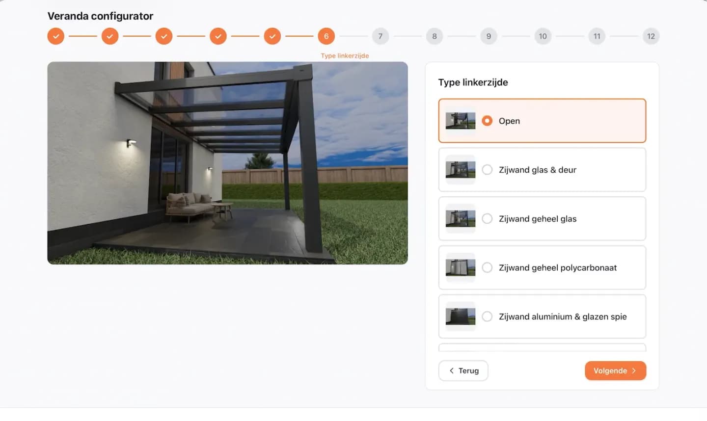 De stap "Type linkerzijde" in de veranda-configurator, met de render links en de keuzes rechts