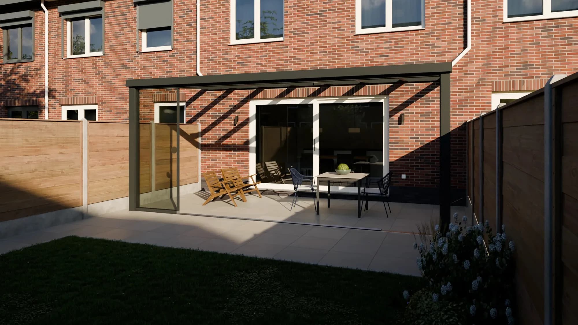 Glass-roofed veranda on a brick terraced house, as your customer builds it in the configurator, RAL 7016